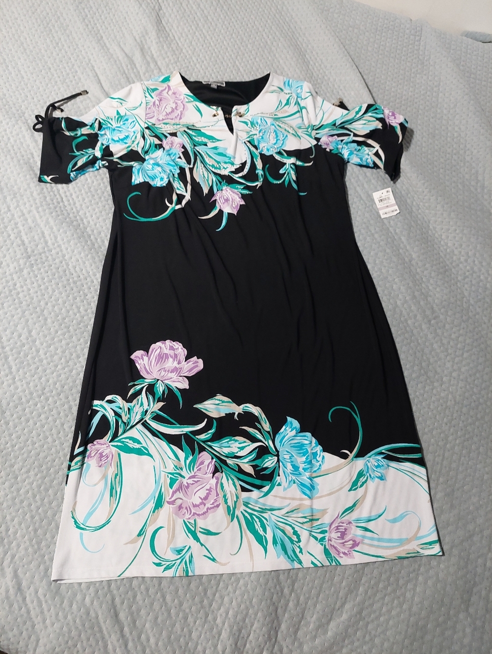 Jm Collection Black Floral A-line Dress with Teal & Lavender Accents